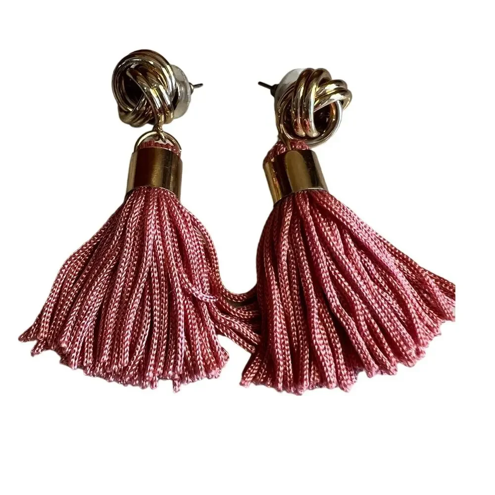 Gold Knot Tassel Drop Statement Earrings Pink Mauve